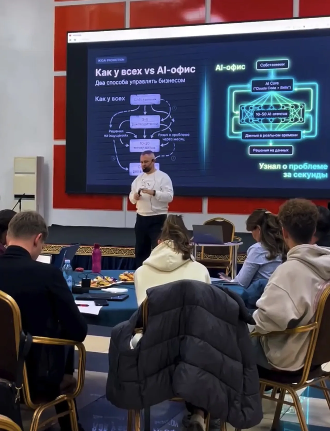 Сергей Конев у экрана со слайдом «Как у всех и AI-офис», участники за столами